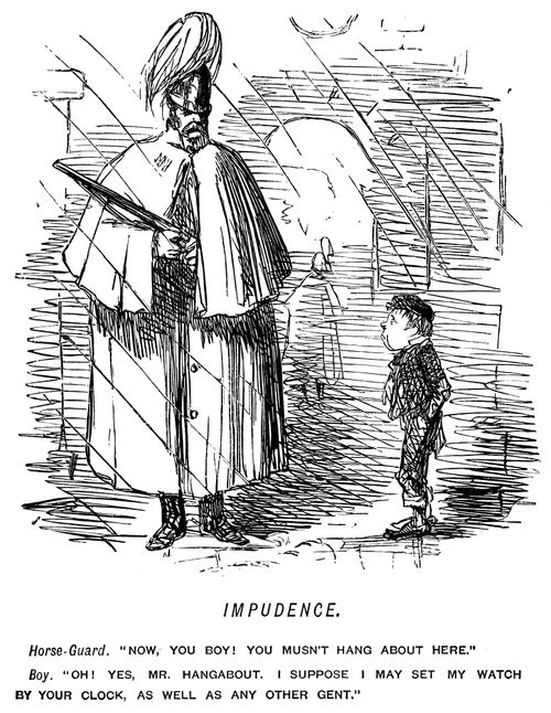 Horse-guard telling a boy not to hang about.