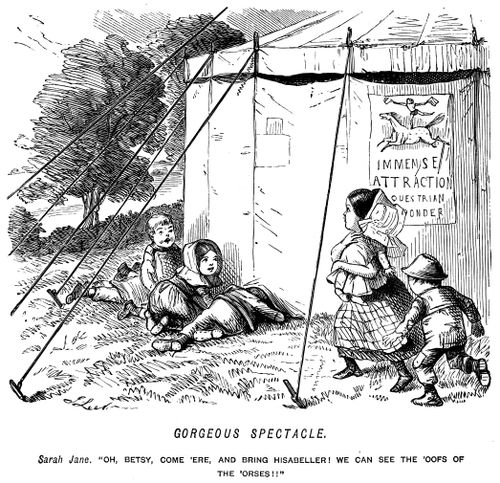 Children peeking inder a circus tent to see a horse show
