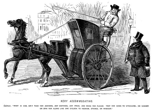 An accommodating cabman offering to take a gentleman wherever he likes