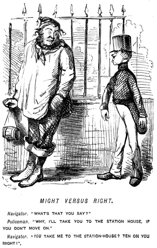 Navigator refusing to be moved on by a small policeman.