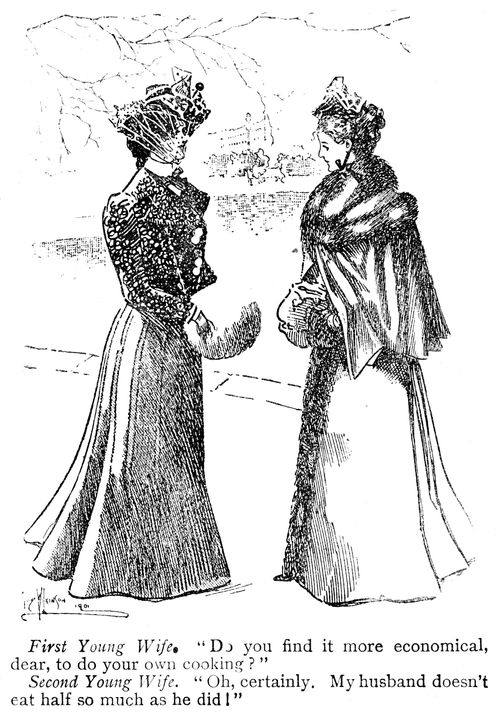 One young wife asking another if she finds it more economical to do her own cooking.