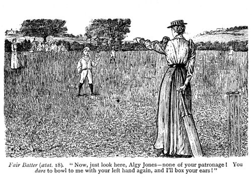 'Now, just you look here, Algy Jones - None of your patronage! You dare to bowl me with your left hand again, and I'll box your ears!'