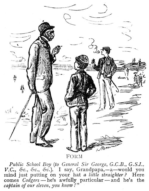 Boy asking his Grandpa to straighten his hat as the school cricket team captain passes.