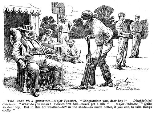 Batsman congratulated for getting out first ball in the hot weather.