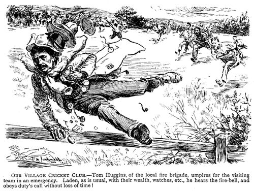 'Our village cricket club' - An umpiring fireman responds to an emergency whilst holding all the cricket team's possessions.