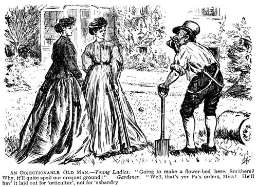 Gardener digging a flower bed over the croquet lawn.