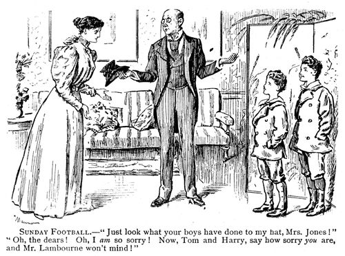 Man who has had his hat ruined by boys showing their lenient mother.