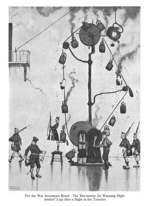 For the War Inventions Board. The Hot-bottler for Warming high-landers' Legs after a Night in the Trenches.