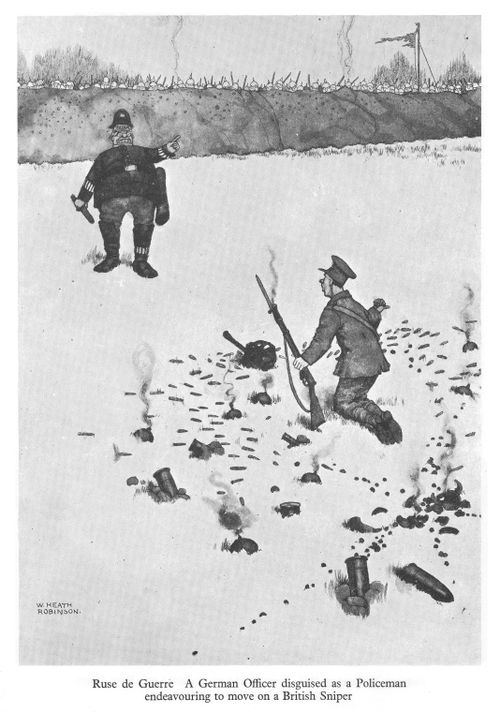 Ruse deGuerre. A German Officer disguised as a Policeman endeavouring to move on a British sniper.