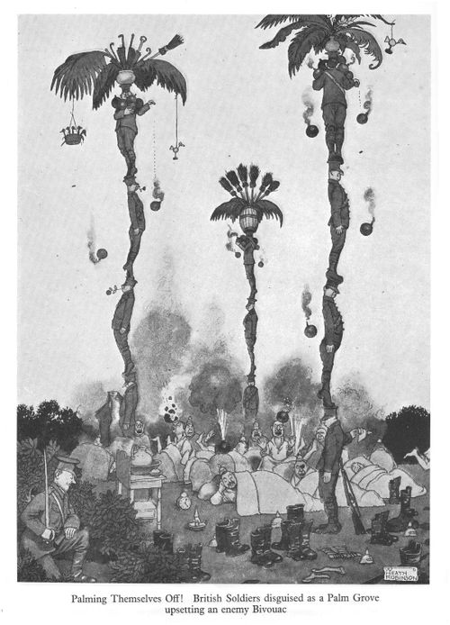 Palming Themselves Off! British Soldiers disguised as a Palm Grove upsetting an enemy Bivouac.