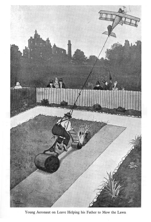 Young Aeronaut on Leave Helping his Father to Mow the Lawn