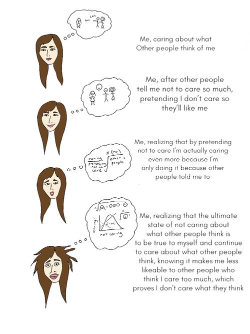 "Me, caring about what other people think of me....Me, after other people tell me not to care so much, pretending I don't care so they'll like me. . ."