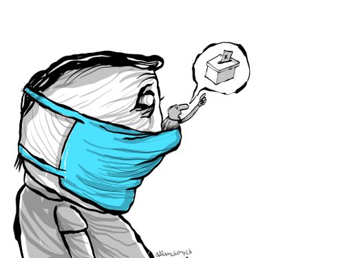 A little man hiding in a face mask urges people to vote