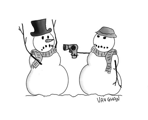Snowman shoots another with a hairdryer.