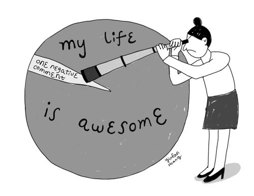 Girl focusing on one negative comment using telescope.