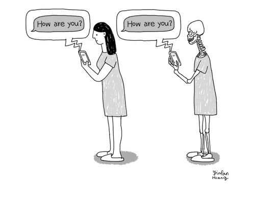 Person texts 'How are you?' to a skeleton,