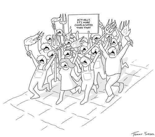 Rioters carrying sign reading 'Actually, it's more complicated than that'.