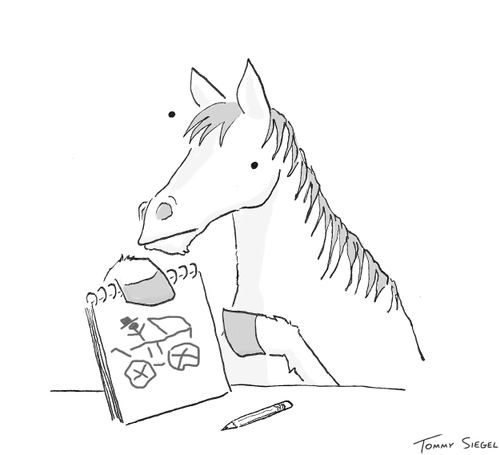 Horse draws a baby carriage.