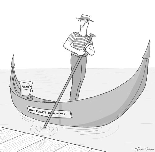 Gondola with a tip bucket and sign reading 'Please do not tip'.