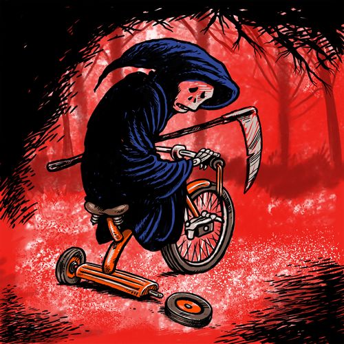 Grim reaper has a broken tricycle.