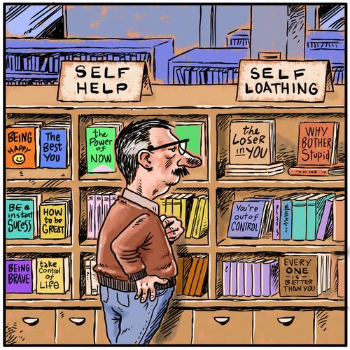 Man browses self-loathing books.