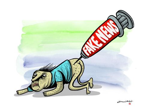 Man being injected with fake news.