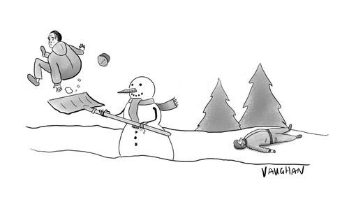 A snowman shoveling humans