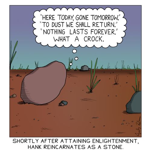 Shortly after attaining enlightenment, Hank reincarnates as a stone.