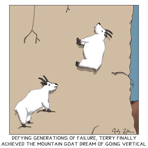 Defying generations of failure, Terry finally achieved the Mountain Goat Dream of going vertical.