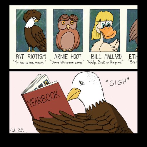 Balding eagle looking back through his yearbook.