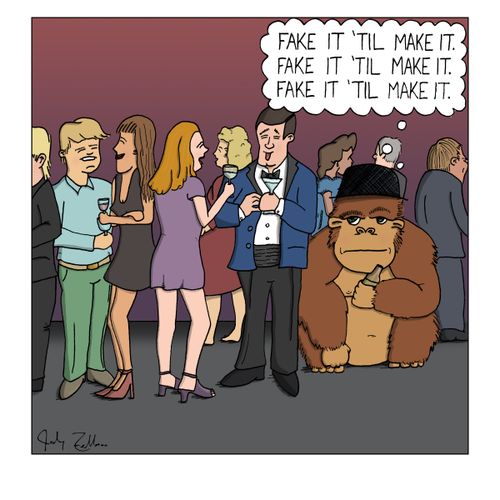 A gorilla at a cocktail party thinking to himself "Fake it 'til make it".