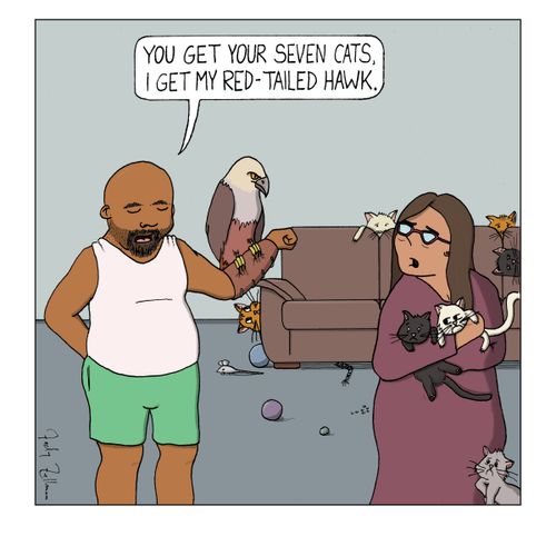 "You get your seven cats, I get my red-tailed hawk."