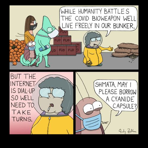 "While humanity battles the covid bioweapon we'll live freely in our bunker."