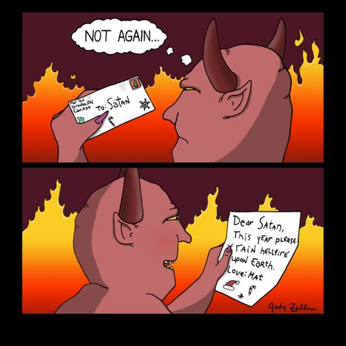 Satan receiving a Christmas wish list.
