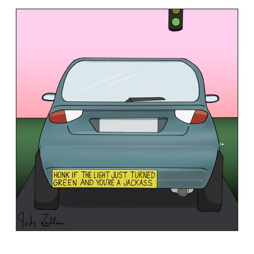Car with number plate reading 'Honk if the light just turned green and you're a jackass'.