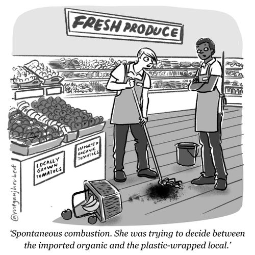 "Spontaneous combustion. She was trying to decide between the imported organic and the plastic-wrapped local."