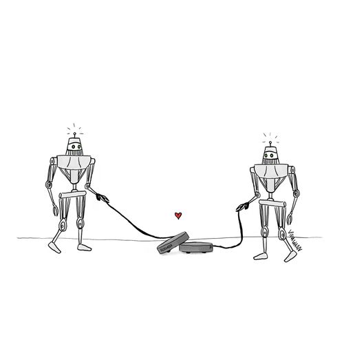Two robots walking their robot vacuums