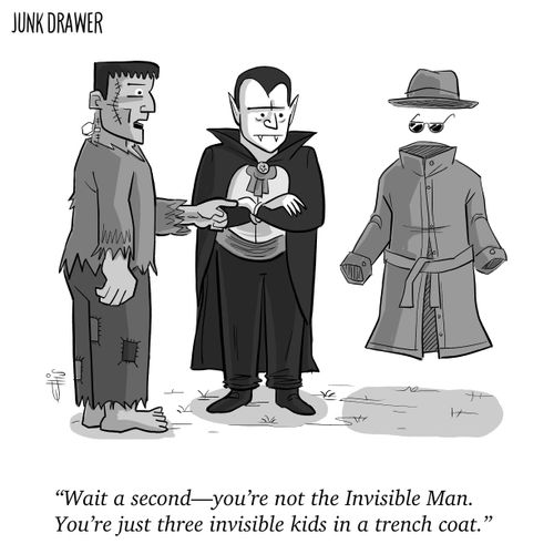 "Wait a second - you're not the Invisible Man. You're just three invisible kids in a trench coat."
