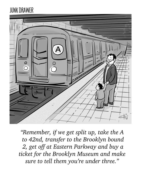 "Remember, if we get split up, take the A to 42nd, transfer to the Brooklyn bound 2, get off at Eastern parkway and buy a ticket for the Brooklyn Museum and make sure to tell them you're under three."