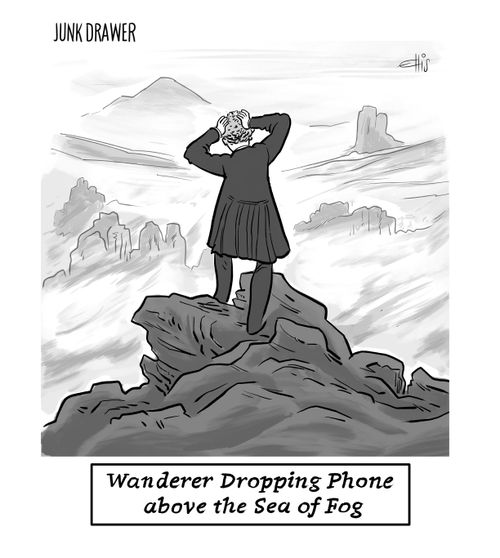 Wanderer Dropping Phone above the Sea of Fog