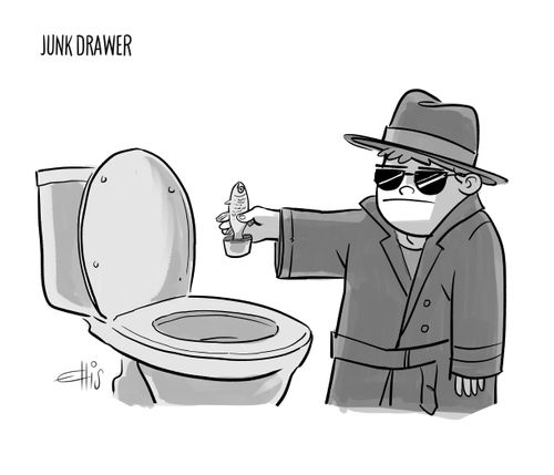 A mini mobster flushing a goldfish with concrete shoes