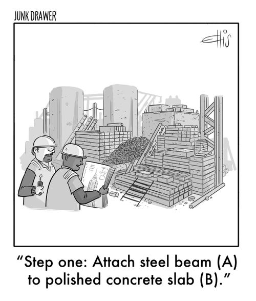 "Step one: Attach steel beam (A) to polished concrete slab (B)."