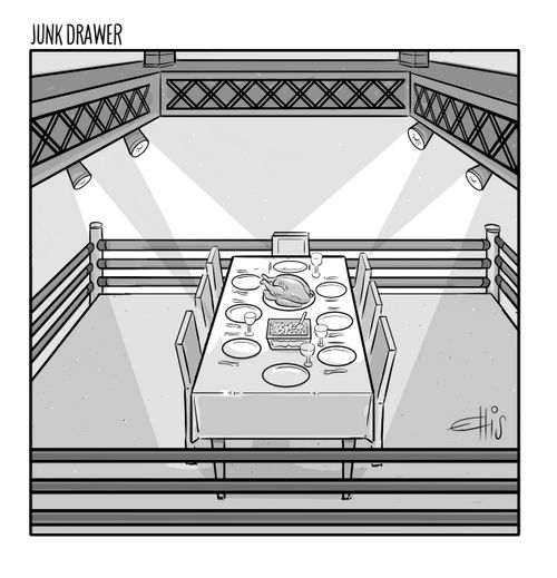 A dinner table in the middle of a boxing ring