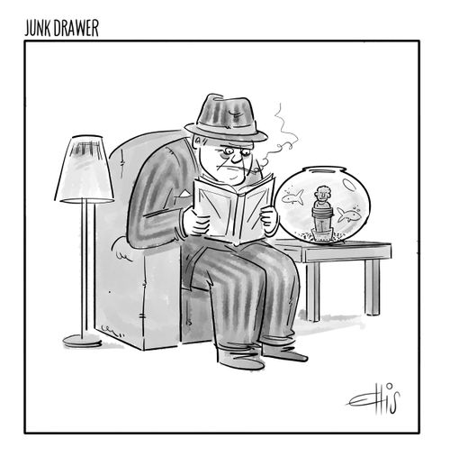 A hitman sitting next to a fishbowl with a model of a drowned man