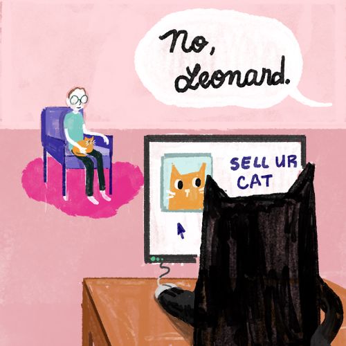 Dog putting pet cat on a 'sell ur cat' website.