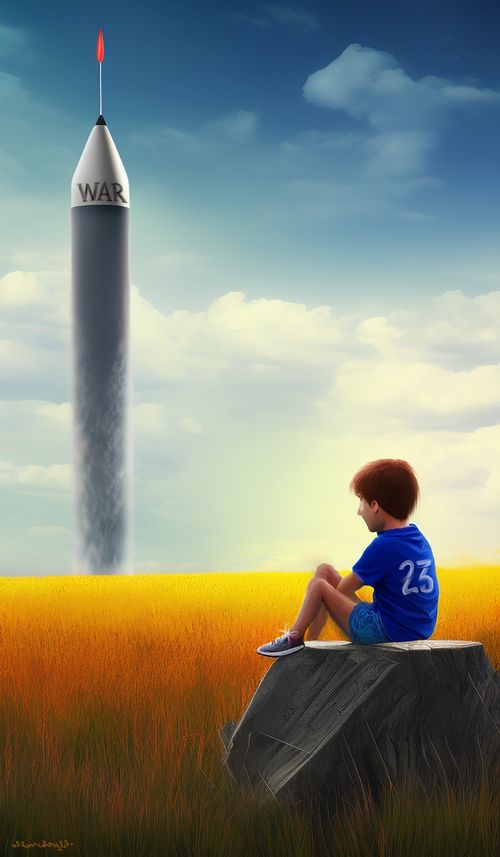 Child watching a rocket launch which reads 'war'.