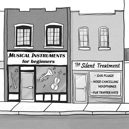 A musical instrument shop is positioned next to a silent treatment shop.
