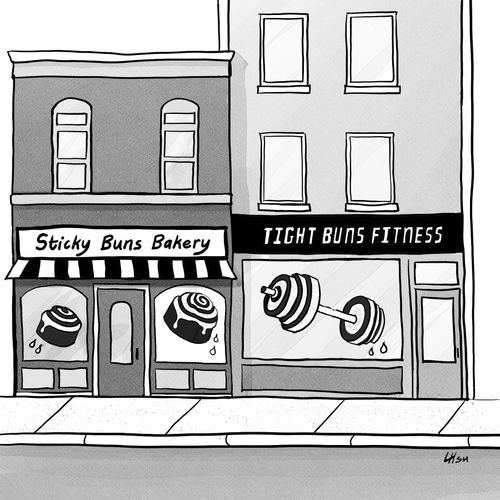 A Sticky Buns Bakery is positioned next to a gym.