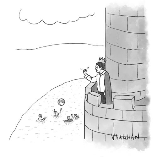A king angrily shakes his fist at a group of people playing in the moat.