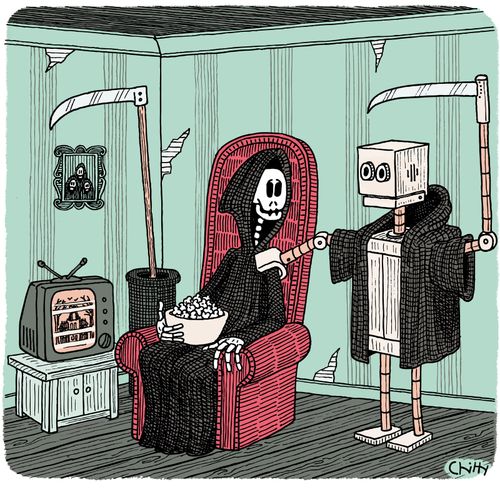 The Grim Reaper is comforted by a robot Grim Reaper